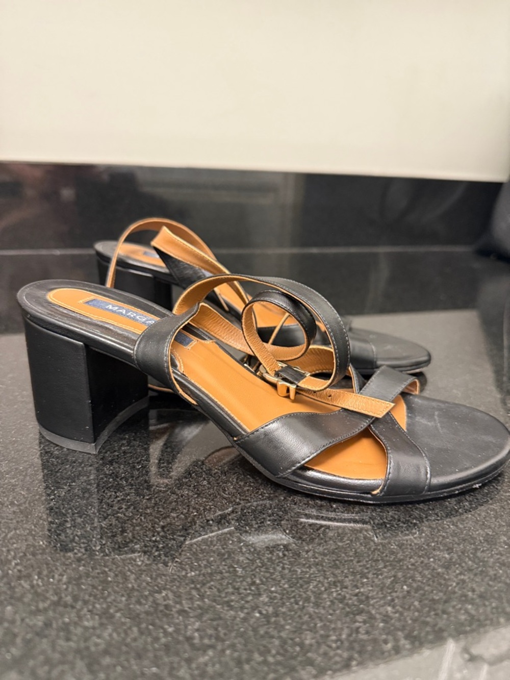 Margaux Black Leather City Sandal - Block Heel Sandals